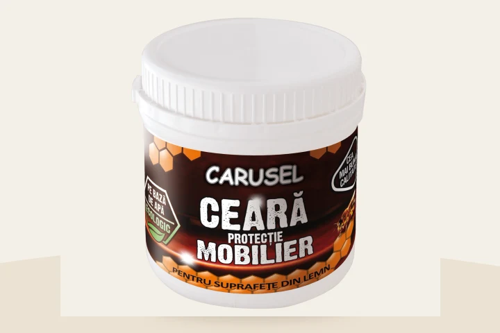 Recipientul Carusel Ceară protecție mobilier, cu eticheta originală vizibilă